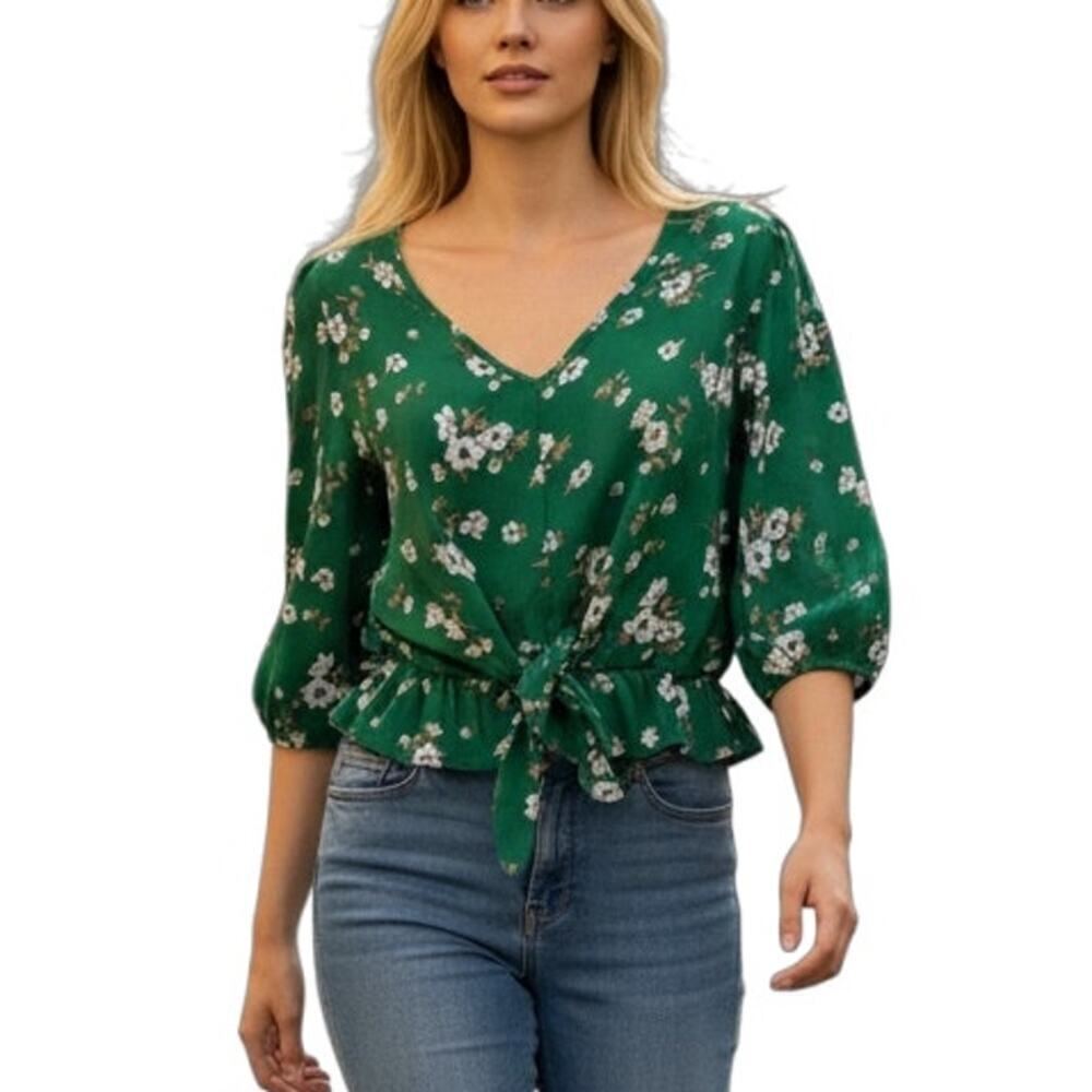 Sienna Sky Women's Peplum Top S Green Floral Print Tie Crop Ruffle 3/4 Sleeve